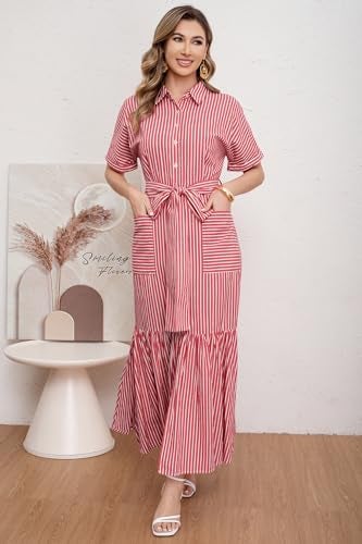 utcoco Women's 2026 Summer Casual Striped Button Down Maxi Dress Tie Waist Short Sleeve Shirt Dress with Pockets (Large, Red) - Image 5