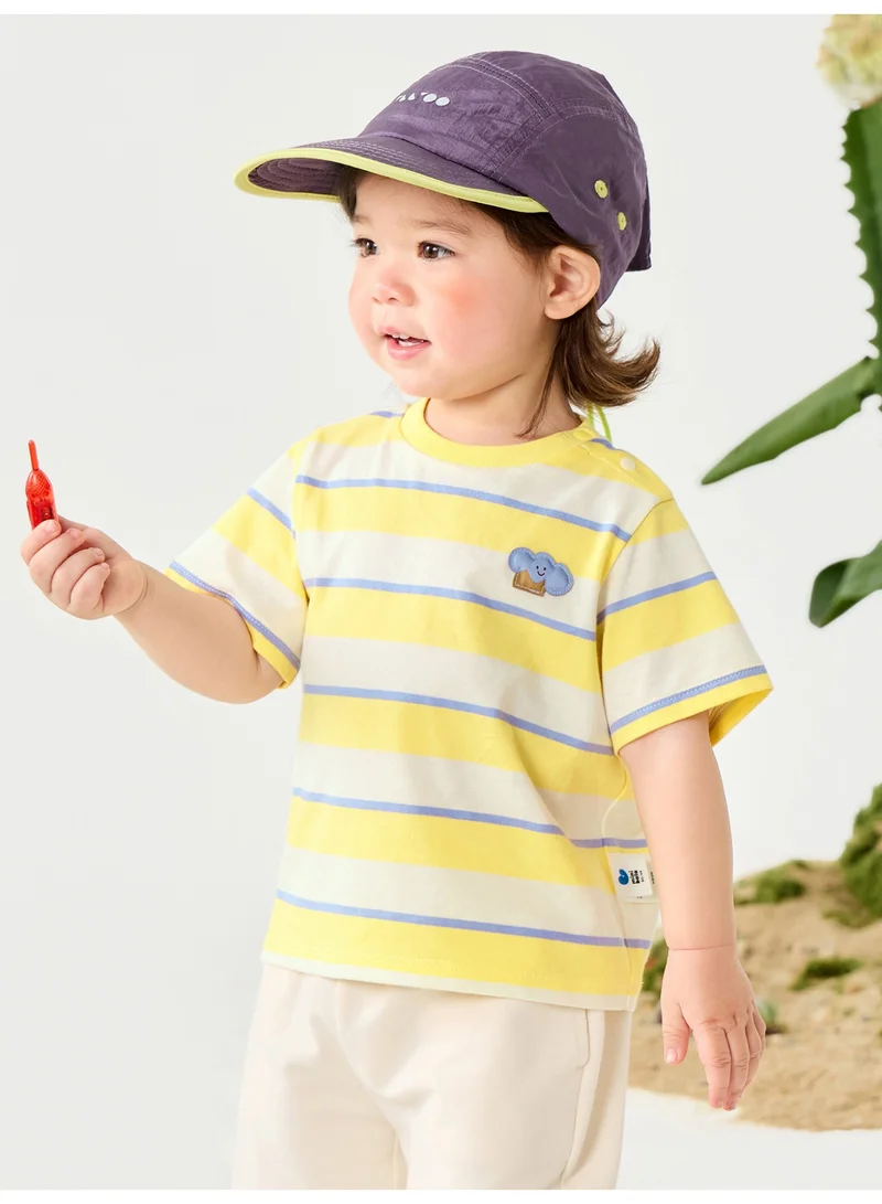 mini bala Unisex Kid Premium Soft Striped Short - Sleeve T - Shirt, Breathable, Comfortable, Cute Cloud Applique Detail, Cheerful, Versatile for Daily Wear, Playdates Children's Casual Essential Top