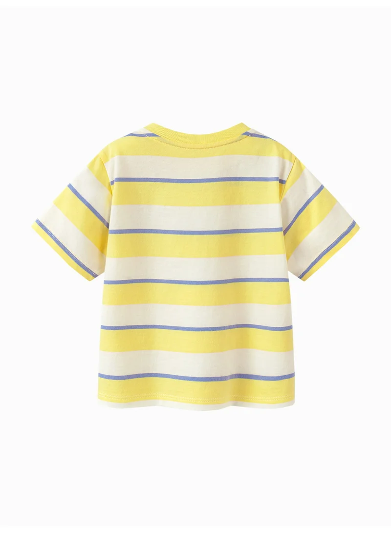 mini bala Unisex Kid Premium Soft Striped Short - Sleeve T - Shirt, Breathable, Comfortable, Cute Cloud Applique Detail, Cheerful, Versatile for Daily Wear, Playdates Children's Casual Essential Top