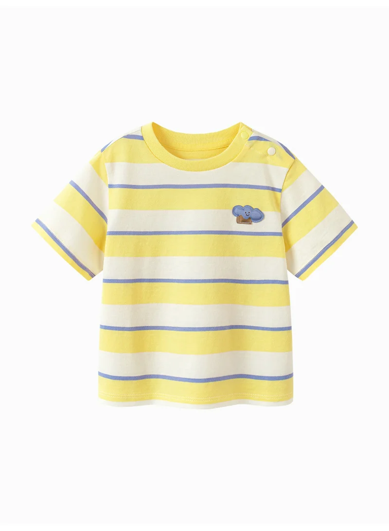 mini bala Unisex Kid Premium Soft Striped Short - Sleeve T - Shirt, Breathable, Comfortable, Cute Cloud Applique Detail, Cheerful, Versatile for Daily Wear, Playdates Children's Casual Essential Top