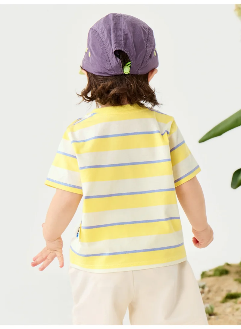 mini bala Unisex Kid Premium Soft Striped Short - Sleeve T - Shirt, Breathable, Comfortable, Cute Cloud Applique Detail, Cheerful, Versatile for Daily Wear, Playdates Children's Casual Essential Top