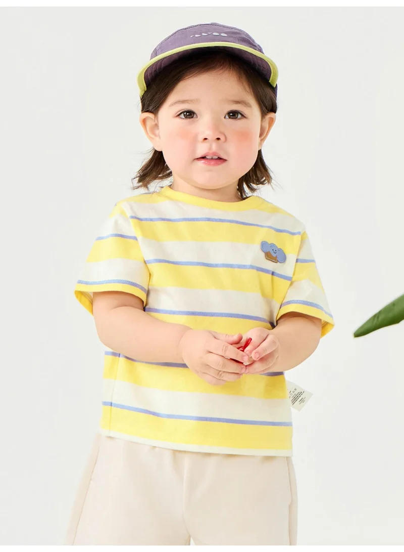 mini bala Unisex Kid Premium Soft Striped Short - Sleeve T - Shirt, Breathable, Comfortable, Cute Cloud Applique Detail, Cheerful, Versatile for Daily Wear, Playdates Children's Casual Essential Top