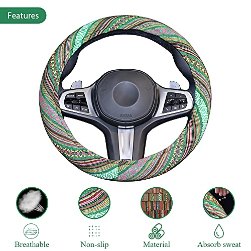 LSAUTO Universal 15inch Ethnic Style Baja Blanket Steering Wheel Cover with Coarse Flax Cloth and Sweat Absorption Anti Slip Car Wrap (Boho Green) - Image 5