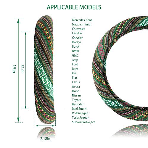 LSAUTO Universal 15inch Ethnic Style Baja Blanket Steering Wheel Cover with Coarse Flax Cloth and Sweat Absorption Anti Slip Car Wrap (Boho Green) - Image 4