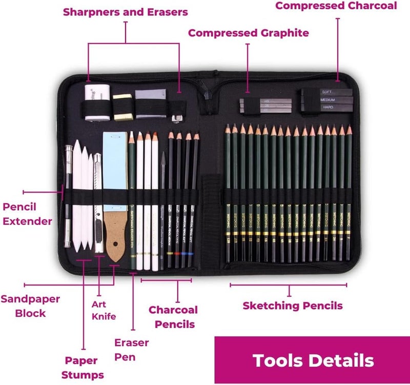 Oytra Sketching Set 42 Pieces for Drawing Pencils Sketching Kit for Artists Potrait Professional Graphite Hb Drawing Graphics Set for Sketches Shading Charcoal Stationary for Beginners - Image 2