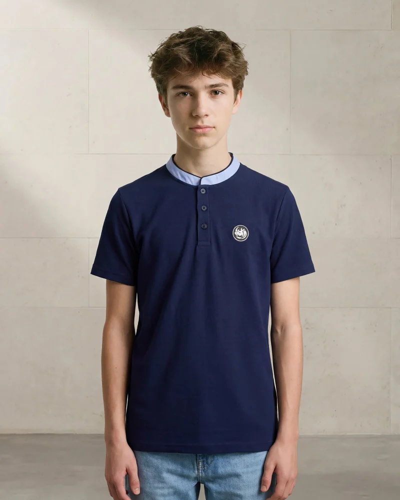 Redtag Senior Boys Navy Mandarin Collar T-shirt
