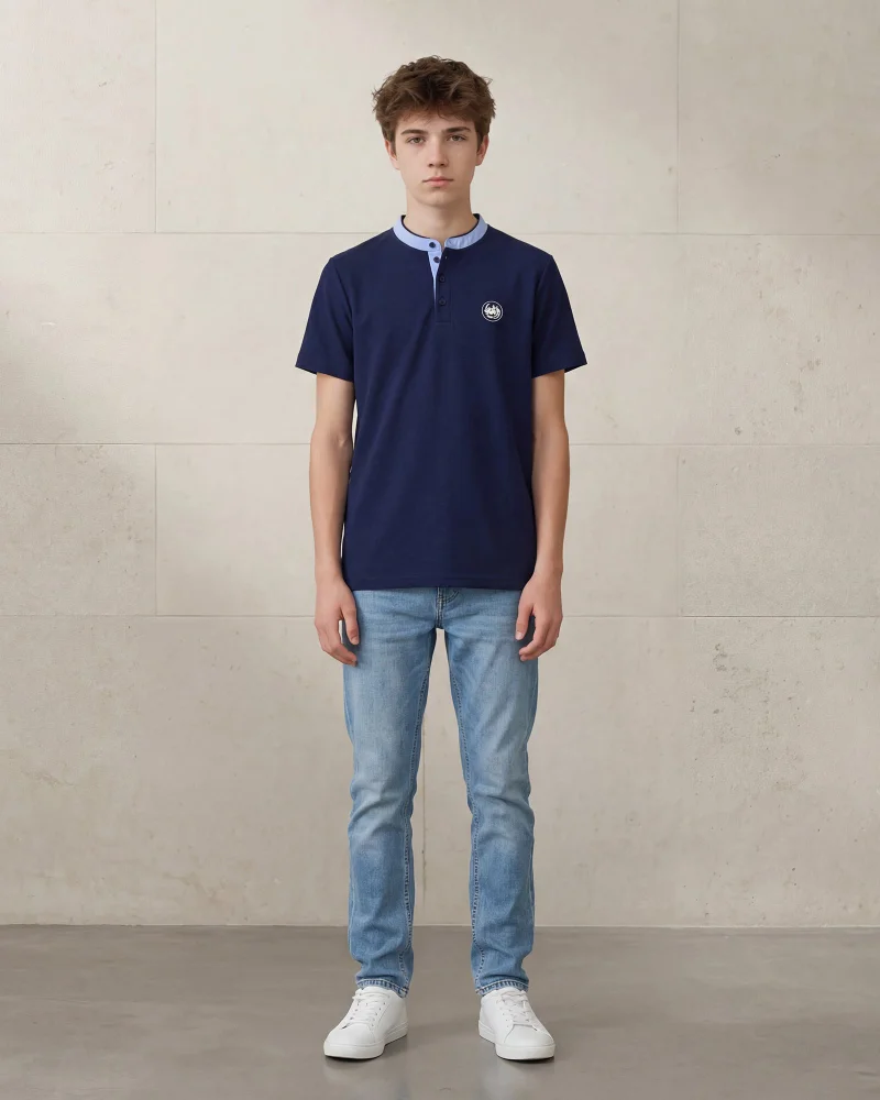 Redtag Senior Boys Navy Mandarin Collar T-shirt