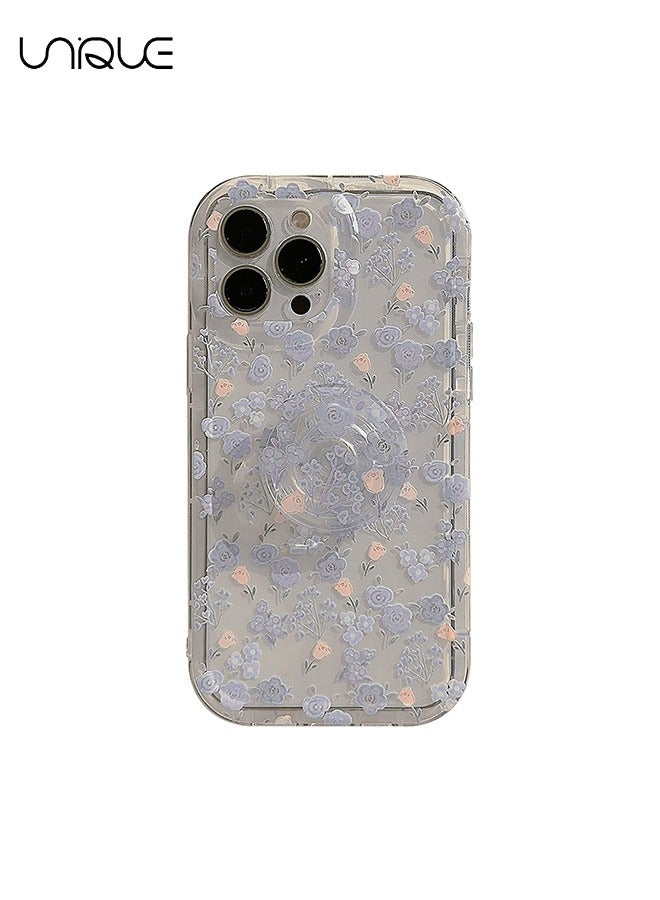 Unique Compatible with iPhone 15 Pro Cases, Powder Blue Floral Pattern Cases, Clear Cases, Cases with Round Airbag Holder - Stylish and Simple Phone Cases - TPU Drop Protection - Image 1