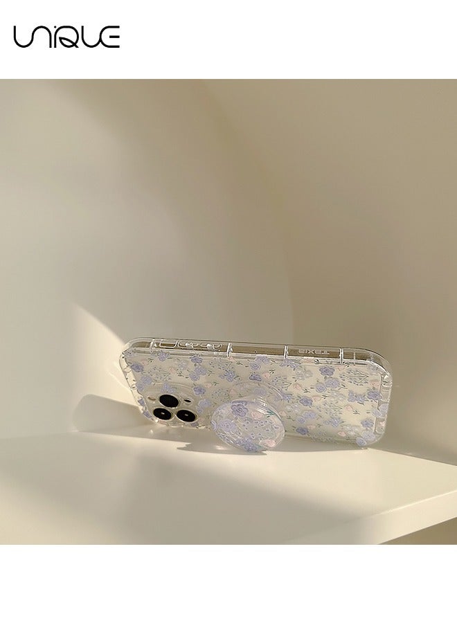 Unique Compatible with iPhone 15 Pro Cases, Powder Blue Floral Pattern Cases, Clear Cases, Cases with Round Airbag Holder - Stylish and Simple Phone Cases - TPU Drop Protection - Image 3