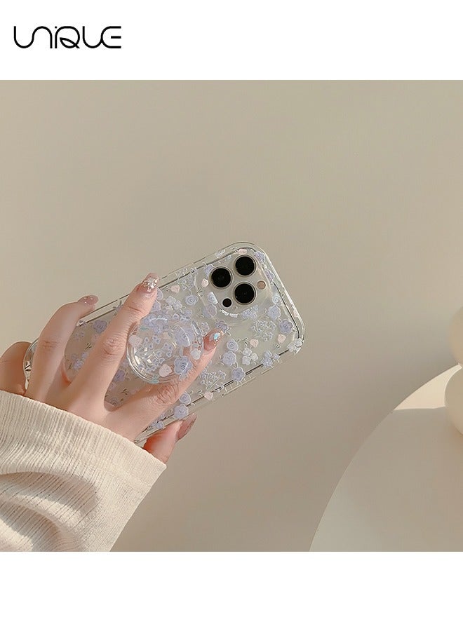 Unique Compatible with iPhone 15 Pro Cases, Powder Blue Floral Pattern Cases, Clear Cases, Cases with Round Airbag Holder - Stylish and Simple Phone Cases - TPU Drop Protection - Image 4
