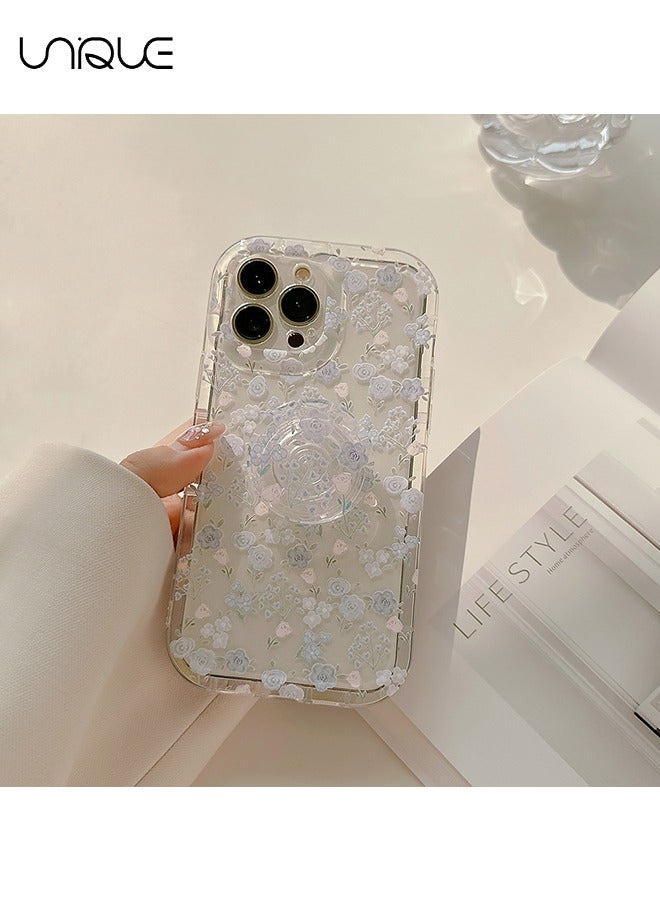 Unique Compatible with iPhone 15 Pro Cases, Powder Blue Floral Pattern Cases, Clear Cases, Cases with Round Airbag Holder - Stylish and Simple Phone Cases - TPU Drop Protection - Image 5