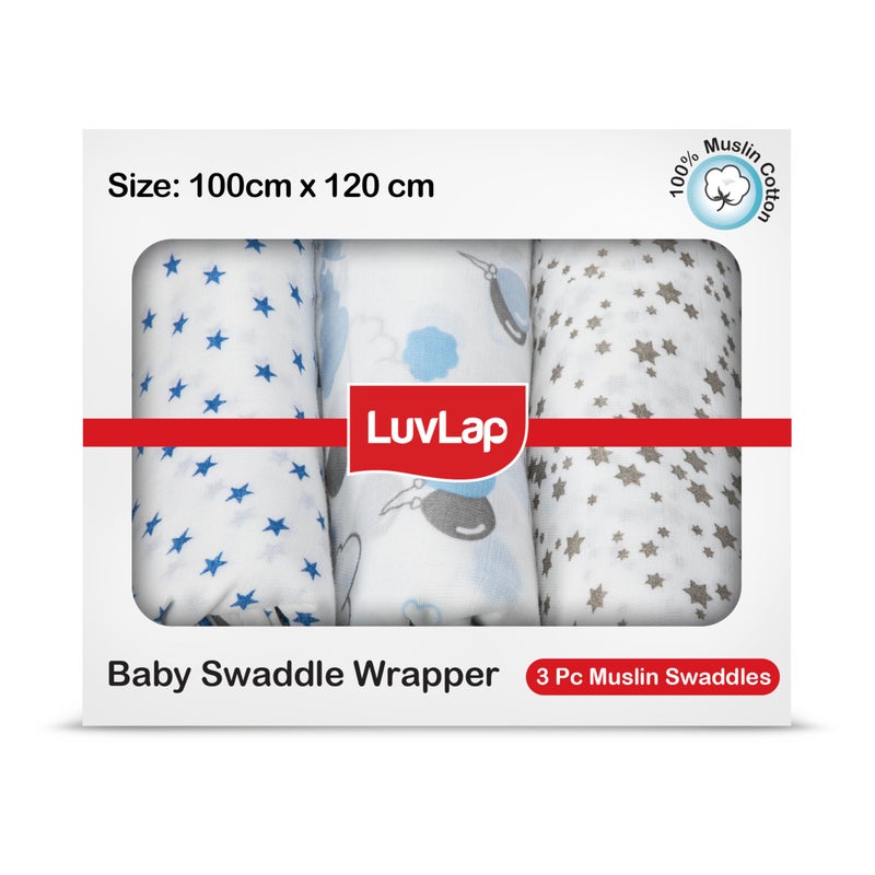 Luv Lap 100% Cotton Muslin Baby Swaddles - Stars Print 0+ Month - Image 1
