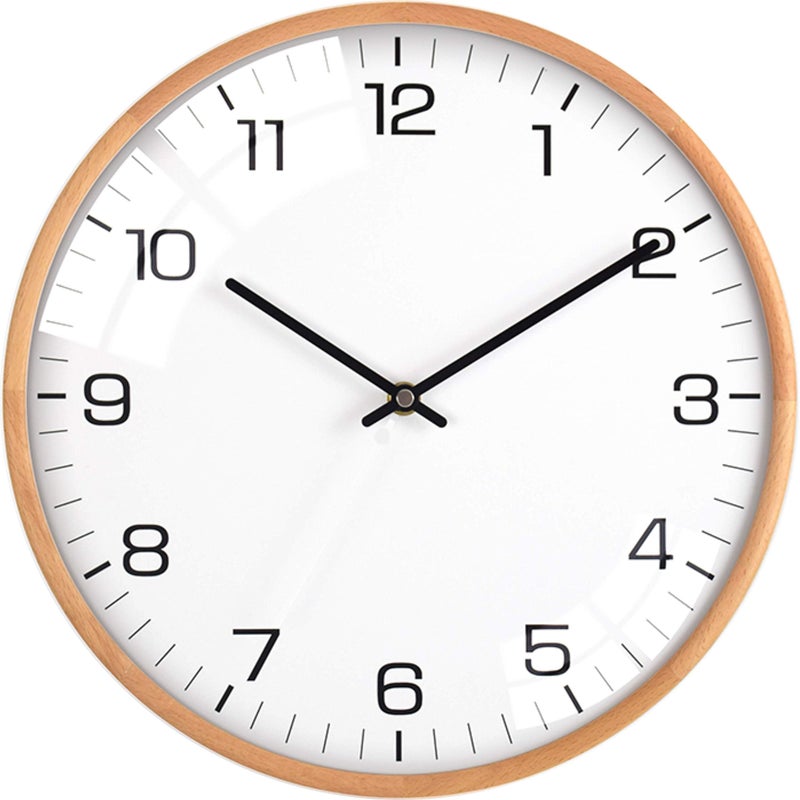 Driini Analog Dome Glass Wall Clock 12  Wood Frame with White Modern Face  Battery Operated with Non Ticking Hands  Large Decorative Clocks for Classroom Office Living Room or Bedrooms