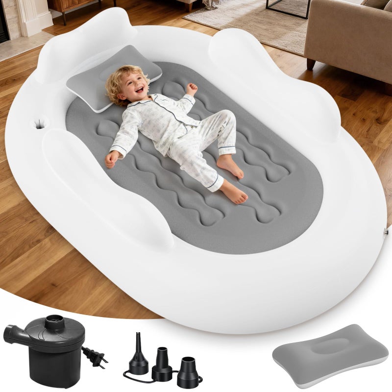 Abdtech Inflatable Toddler Travel Bed Kids Air Mattress with Safety Sides Portable Blow Up Mattress with Bumpers & Pump for Camping, Travel, Home-Grey 60 Inch - Image 1