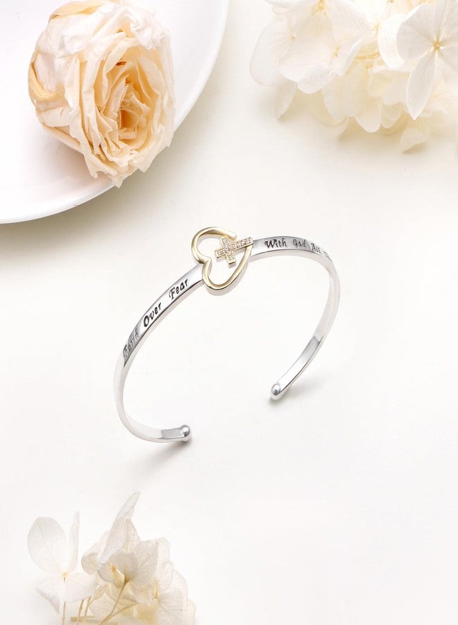 Ladytree Faith Over Fear Bracelet 925 Sterling Silver Cross Cuff Bracelet for Women Christian Jewelry with God All Things Are Possible Adjustable Religious Bangle Anniversary Birthday Christmas Gifts for Women - Image 4