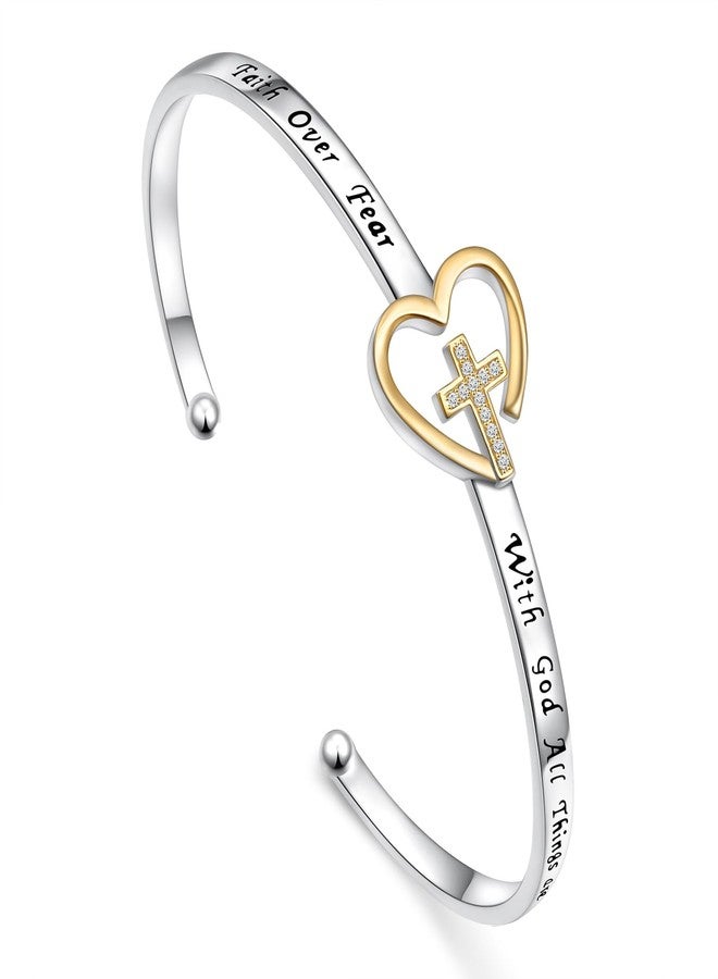 Ladytree Faith Over Fear Bracelet 925 Sterling Silver Cross Cuff Bracelet for Women Christian Jewelry with God All Things Are Possible Adjustable Religious Bangle Anniversary Birthday Christmas Gifts for Women - Image 1