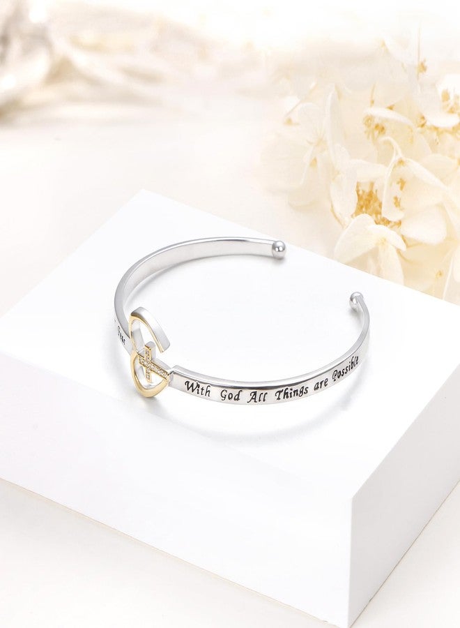 Ladytree Faith Over Fear Bracelet 925 Sterling Silver Cross Cuff Bracelet for Women Christian Jewelry with God All Things Are Possible Adjustable Religious Bangle Anniversary Birthday Christmas Gifts for Women - Image 3