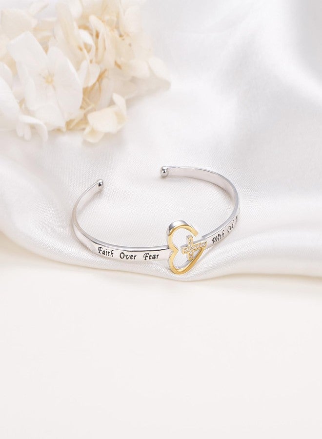 Ladytree Faith Over Fear Bracelet 925 Sterling Silver Cross Cuff Bracelet for Women Christian Jewelry with God All Things Are Possible Adjustable Religious Bangle Anniversary Birthday Christmas Gifts for Women - Image 2