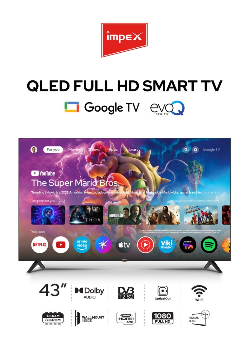 43 Inch Google QLED TV Smart Android TV, Google Assistant, Chromecast Built-in, Voice Remote, 4 HDMI (ARC), 2 USB, A+ Panel, Super Slim, 2 Year Warranty - evoQ 43QLC2 Evoq43QLC Black
