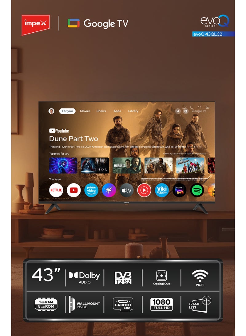 إمبكس تلفاز جوجل QLED بدقة 43 بوصة Full HD | جهاز تحكم صوتي مع مساعد جوجل | تصميم فائق النحافة بدون إطار | GoogleCast مدمج | 4xHDMI، 2xUSB | 1GB RAM، 8GB ROM | لوحة من الدرجة A+ | زاوية مشاهدة واسعة | Evoq43QLC - Image 3