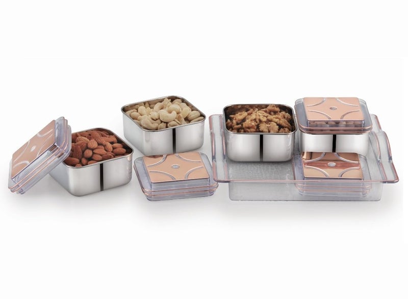 sunlife SUPER STEEL 4 Stainless Steel Dry Fruit Serving Set 4 AirTight Stainless Steel Bowls with Clear Tray Chocolate Dry FruitCookiesSweetsMouth Freshener Container with TraySetColor Clear - Image 3