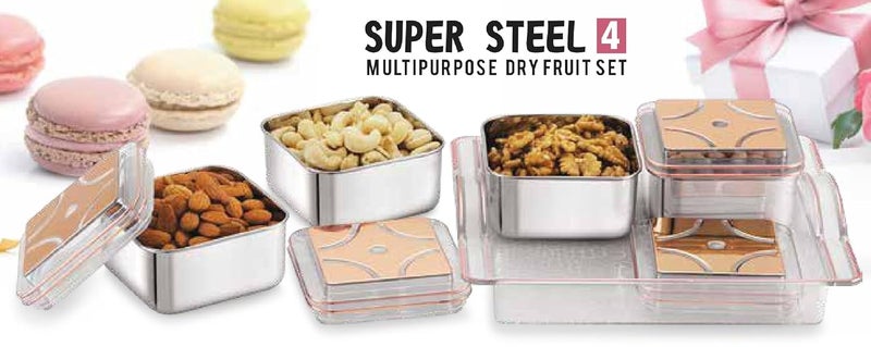 sunlife SUPER STEEL 4 Stainless Steel Dry Fruit Serving Set 4 AirTight Stainless Steel Bowls with Clear Tray Chocolate Dry FruitCookiesSweetsMouth Freshener Container with TraySetColor Clear - Image 4