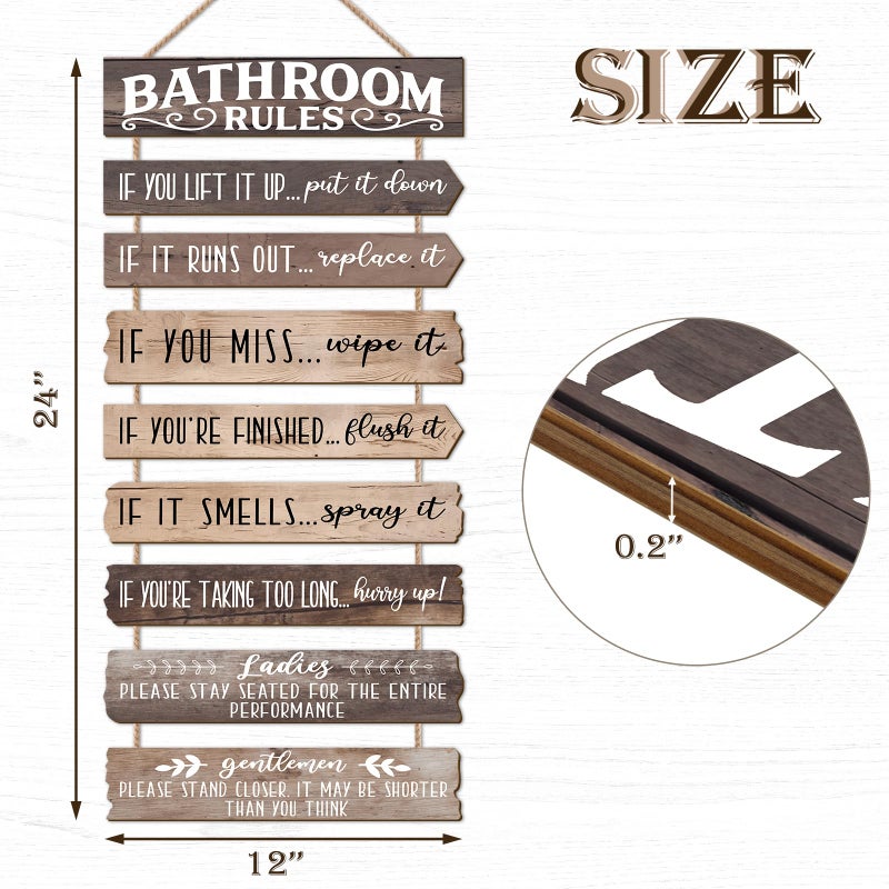 PEKCARGO Bathroom Wall Decor Funny Bathroom Signs Bathroom Rules Pictures Wall Art Decor Rustic Farmhouse Toilet Decor Wooden Sign (Brown) - Image 2