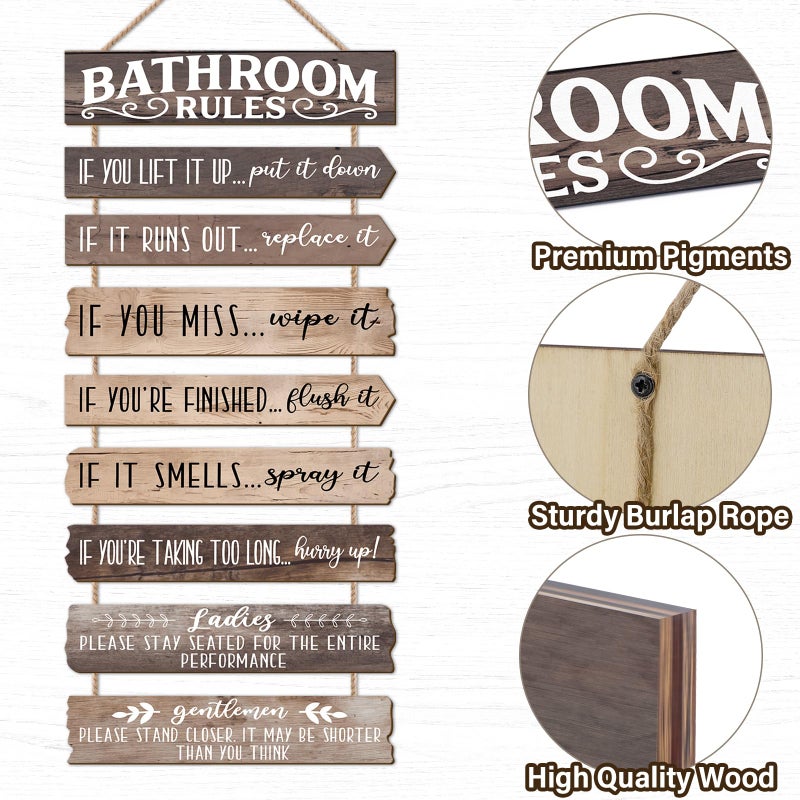 PEKCARGO Bathroom Wall Decor Funny Bathroom Signs Bathroom Rules Pictures Wall Art Decor Rustic Farmhouse Toilet Decor Wooden Sign (Brown) - Image 3