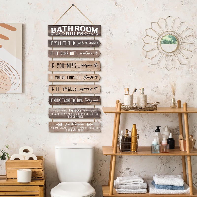 PEKCARGO Bathroom Wall Decor Funny Bathroom Signs Bathroom Rules Pictures Wall Art Decor Rustic Farmhouse Toilet Decor Wooden Sign (Brown) - Image 4
