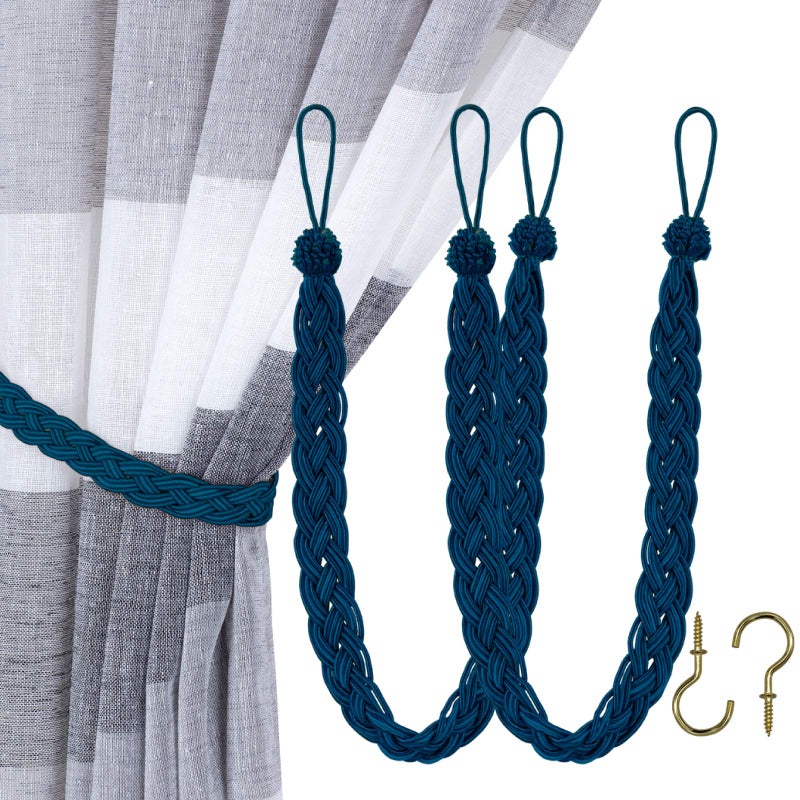 Home Queen Hand Braided Curtain Tie Back, Buckle Holdback Drapery Curtain Tiebacks, 2 Rope Belt Curtain Tie with 2 Metal Hooks, Navy - Image 1