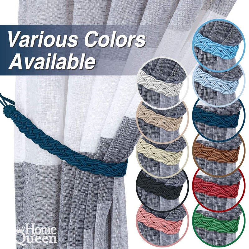 Home Queen Hand Braided Curtain Tie Back, Buckle Holdback Drapery Curtain Tiebacks, 2 Rope Belt Curtain Tie with 2 Metal Hooks, Navy - Image 5