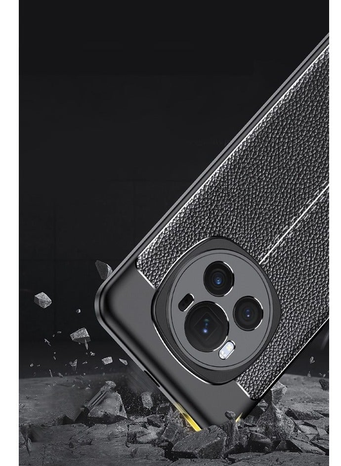 Honor Magic 6 Pro - Carbon Fiber Litchi Pattern Case Cover , Ultra-thin, stylish, and shockproof protection with anti-slip grip in black. - Image 2