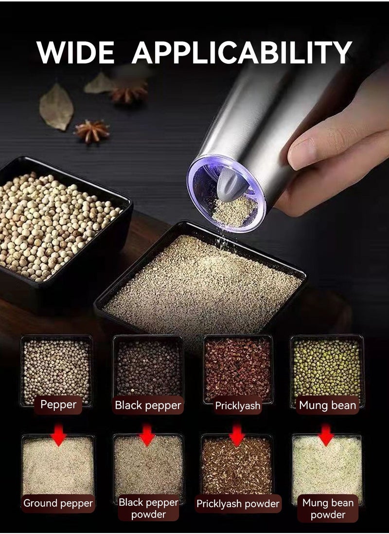 LEOKOR - 2 قطعة مطحنة فلفل كهربائية الجاذبية أوتوماتيكية من الفولاذ المقاوم للصدأ مطحنة ملح وفلفل خشونة قابلة للتعديل بيد واحدة تشغيل تلقائي فضي - Image 1