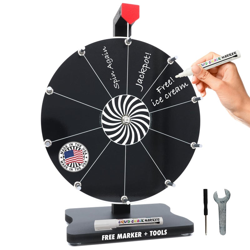 Whirl of Fun Whirl of Fun 12 inch Black Prize Wheel - Spinning Wheel for Prizes with Stand, 10 Slots, Customize Erasable Dry Erase Surface, Portable, Tools Included, Made in USA  - Image 1