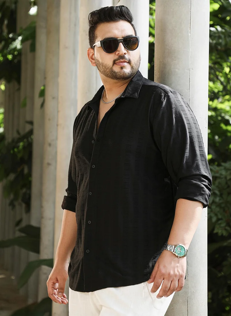انستافاب بلس Instafab Plus Men's Onyx Black Ripple-Panel Tactile Shirt For Casual Wear | Spread Collar | Long Cuffed Sleeves | Button Closure | Plus Size Shirt Crafted With Comfort Fit For Everyday Wear