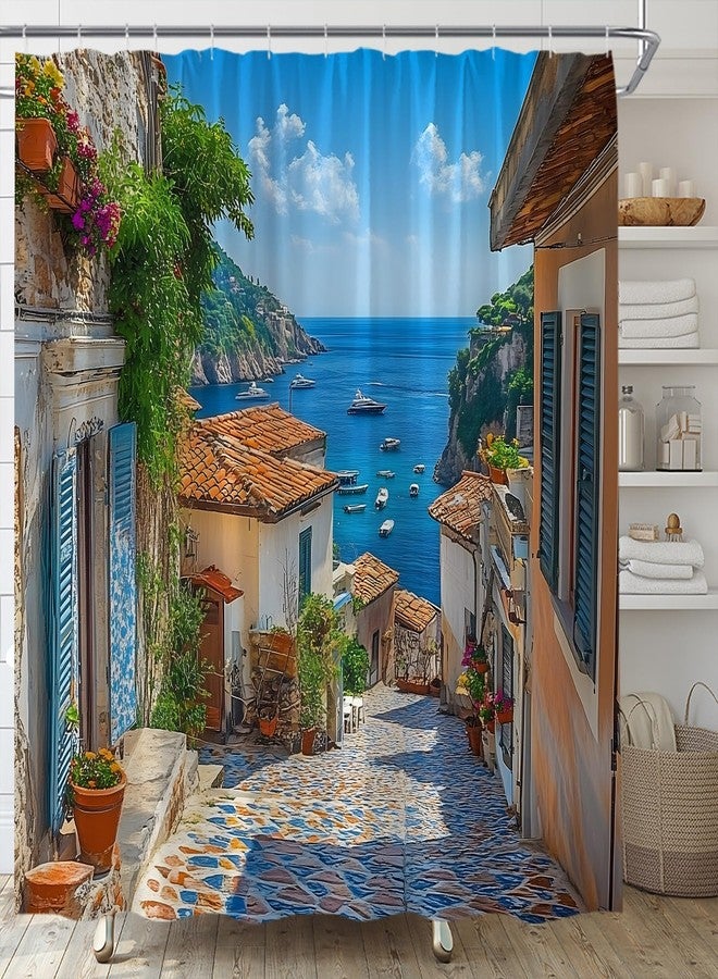 EVRCVAR Italian Shower Curtain Mediterranean Coastal Tuscan Town Street Ocean Mountain European Seaside Natural Scenery Bathroom Curtain Fabric with Hooks(70" WX70 H) - Image 3