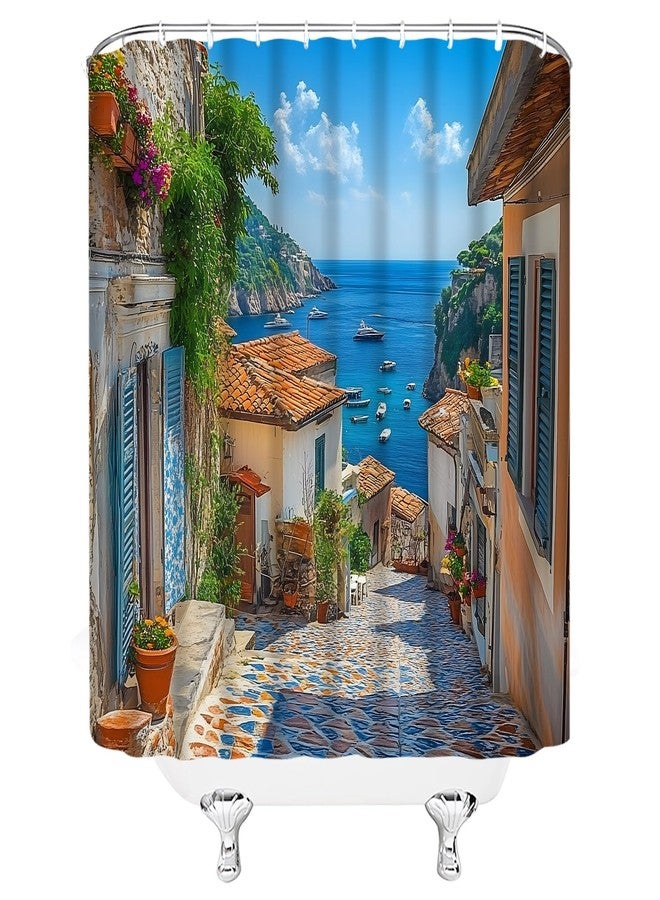 EVRCVAR Italian Shower Curtain Mediterranean Coastal Tuscan Town Street Ocean Mountain European Seaside Natural Scenery Bathroom Curtain Fabric with Hooks(70" WX70 H) - Image 4