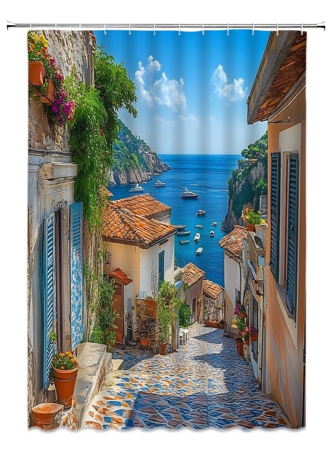 EVRCVAR Italian Shower Curtain Mediterranean Coastal Tuscan Town Street Ocean Mountain European Seaside Natural Scenery Bathroom Curtain Fabric with Hooks(70" WX70 H) - Image 1