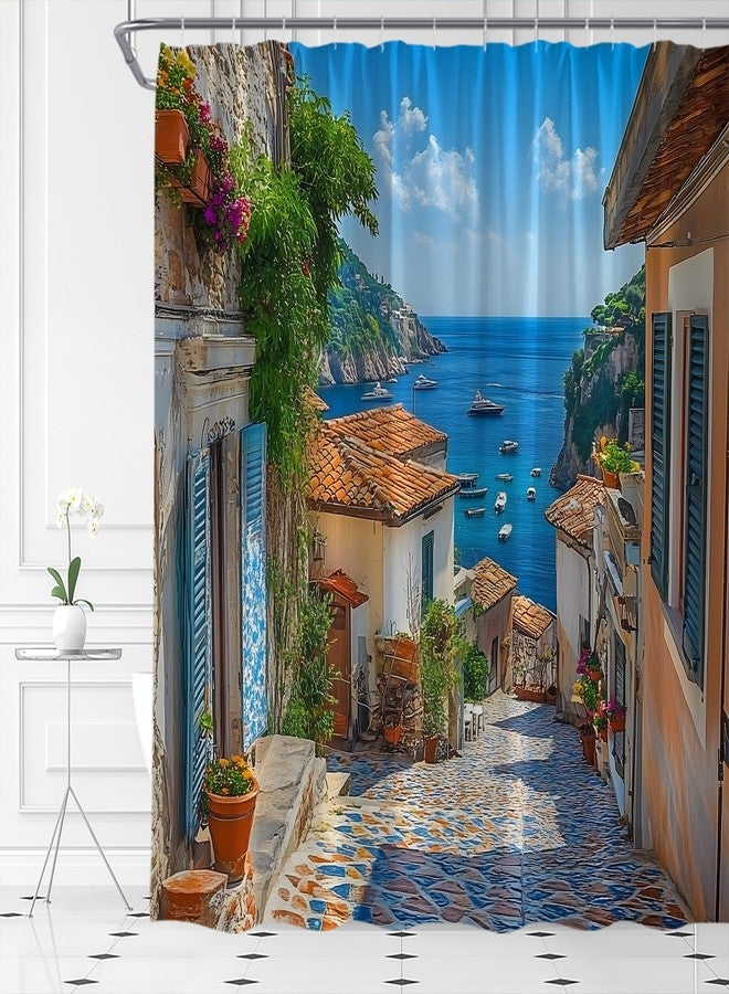 EVRCVAR Italian Shower Curtain Mediterranean Coastal Tuscan Town Street Ocean Mountain European Seaside Natural Scenery Bathroom Curtain Fabric with Hooks(70" WX70 H) - Image 2