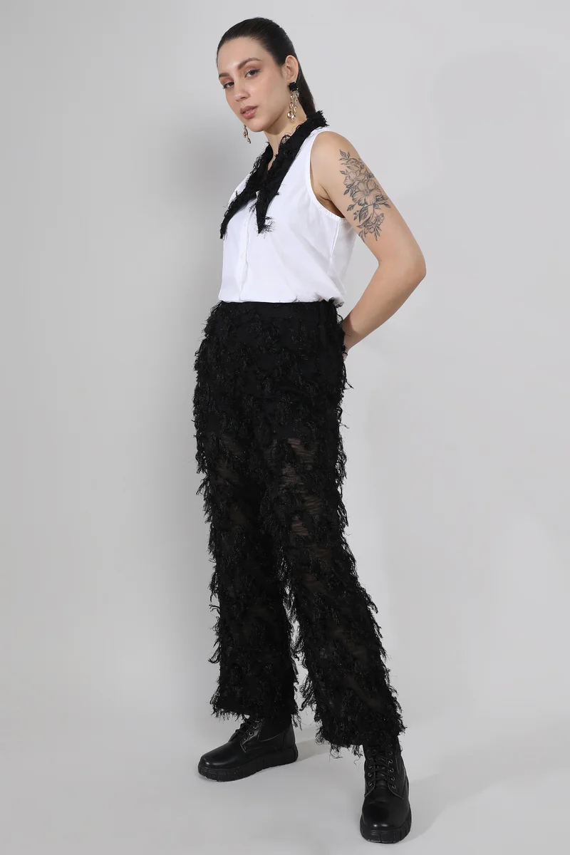Campus Sutra Women's Midnight Black & Chalk White Fringe Block Co-Ord Set