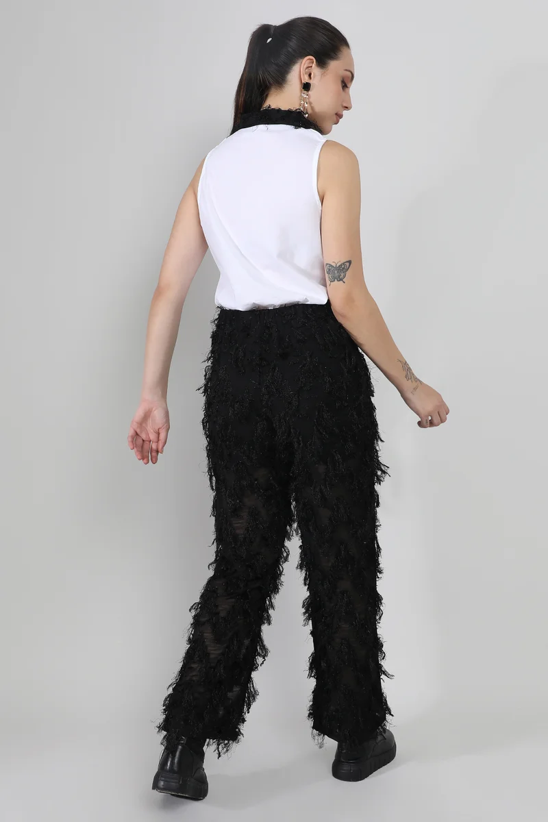 Campus Sutra Women's Midnight Black & Chalk White Fringe Block Co-Ord Set
