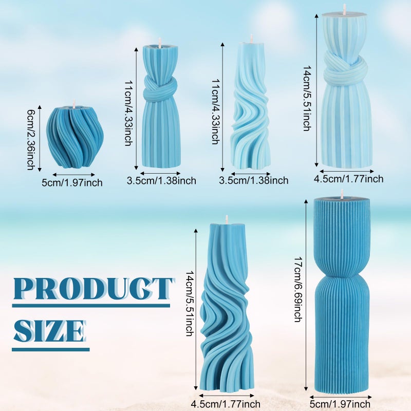 Threlaco 6 Pcs Pillar Candles Decorative Modern Aesthetic Ribbed Candle Set Cute Soy Wax Scented Ribbed Decor Valentine's Commemorative Gift for Home Decoration(Blue,2.36-6.89 Inch) - Image 2