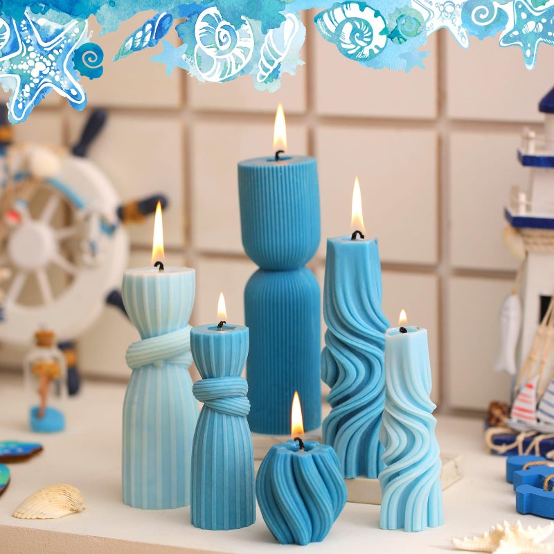Threlaco 6 Pcs Pillar Candles Decorative Modern Aesthetic Ribbed Candle Set Cute Soy Wax Scented Ribbed Decor Valentine's Commemorative Gift for Home Decoration(Blue,2.36-6.89 Inch) - Image 4