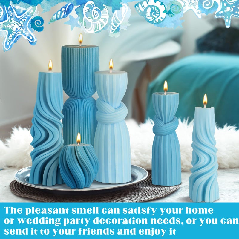 Threlaco 6 Pcs Pillar Candles Decorative Modern Aesthetic Ribbed Candle Set Cute Soy Wax Scented Ribbed Decor Valentine's Commemorative Gift for Home Decoration(Blue,2.36-6.89 Inch) - Image 5