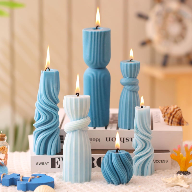 Threlaco 6 Pcs Pillar Candles Decorative Modern Aesthetic Ribbed Candle Set Cute Soy Wax Scented Ribbed Decor Valentine's Commemorative Gift for Home Decoration(Blue,2.36-6.89 Inch) - Image 1