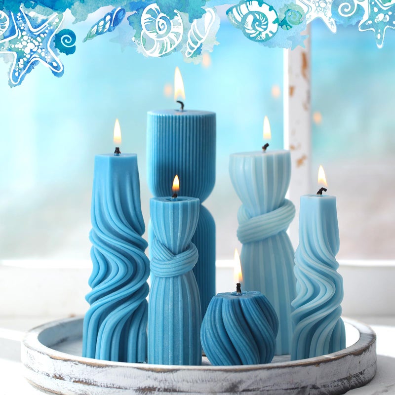 Threlaco 6 Pcs Pillar Candles Decorative Modern Aesthetic Ribbed Candle Set Cute Soy Wax Scented Ribbed Decor Valentine's Commemorative Gift for Home Decoration(Blue,2.36-6.89 Inch) - Image 3