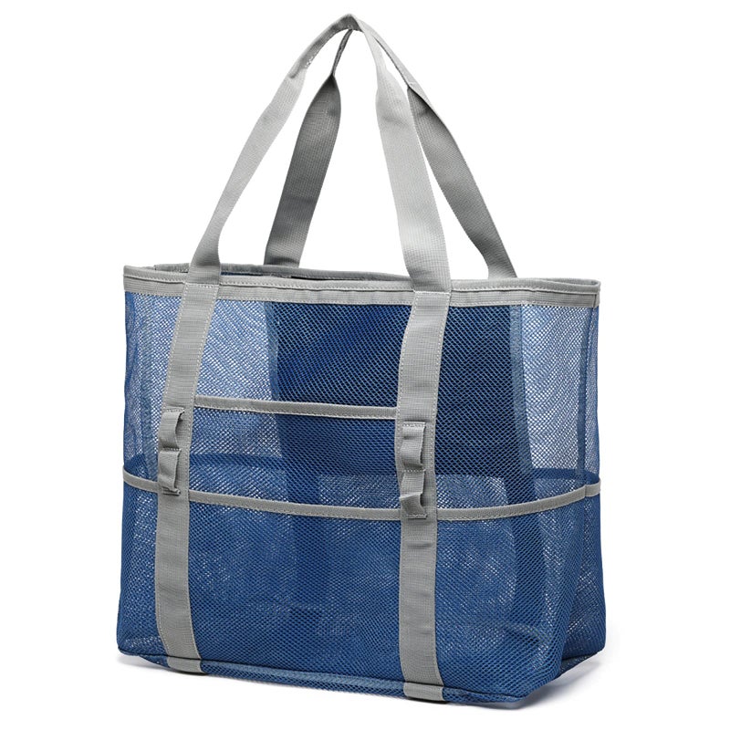 F-color Mesh Beach Bag - Oversized Beach Tote Bag for Women with 9 Pockets, Blue - Image 1