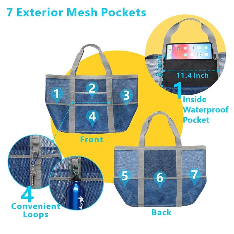 F-color Mesh Beach Bag - Oversized Beach Tote Bag for Women with 9 Pockets, Blue - Image 4