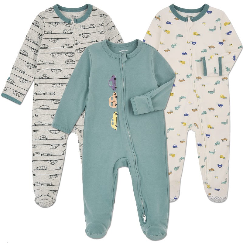 Aablexema Baby Footie Pajama with Mitten Cuffs, Double Zipper Infant Cotton clothes Sleeper Pjs, Footed Sleep Play(Car Style,0-3 Months) - Image 1