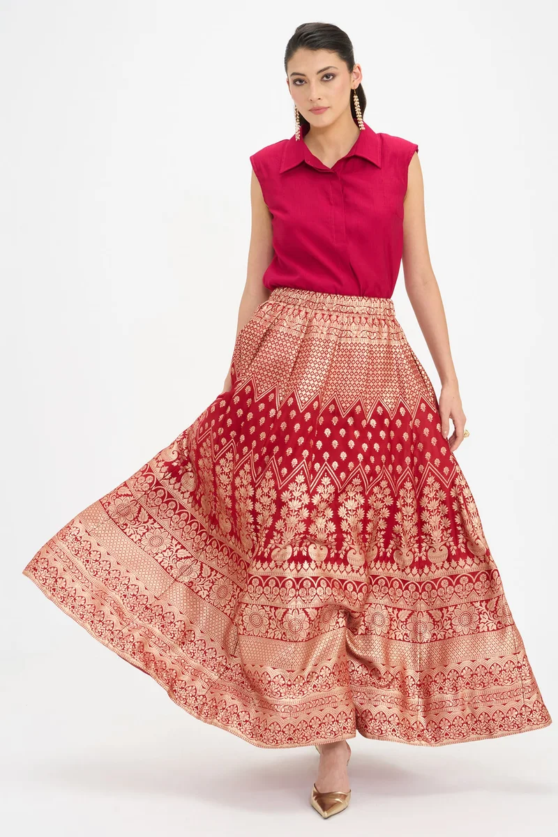 Virgio Ethnic Motifs Viscose Gathered Maxi Skirt for Women